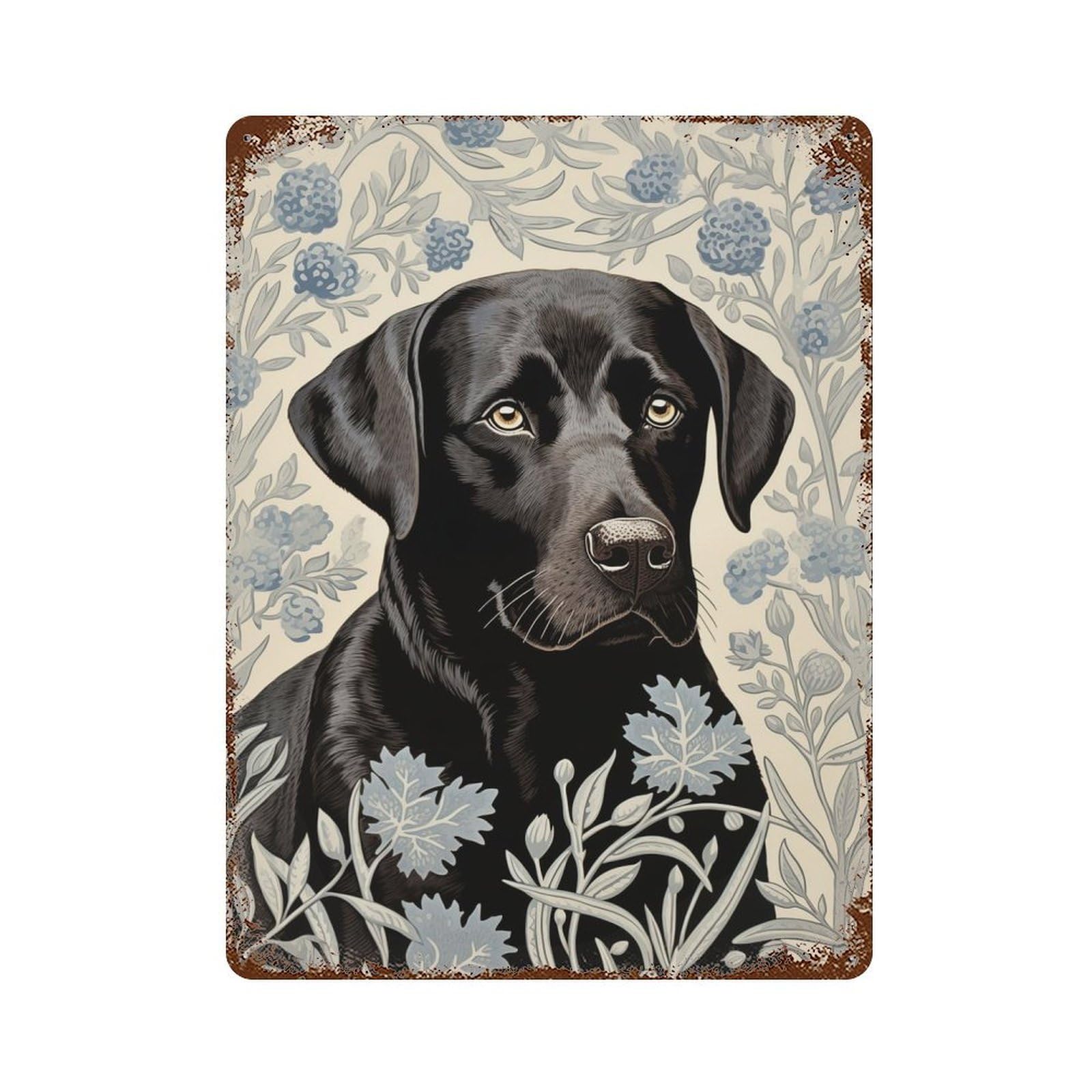Aged Metal Wall Plaque with Black Labrador in Floral Pattern Design 15.7"x11.8", for Basement, Hobby Room And Garage Decor, Farmhouse Wall Decor
