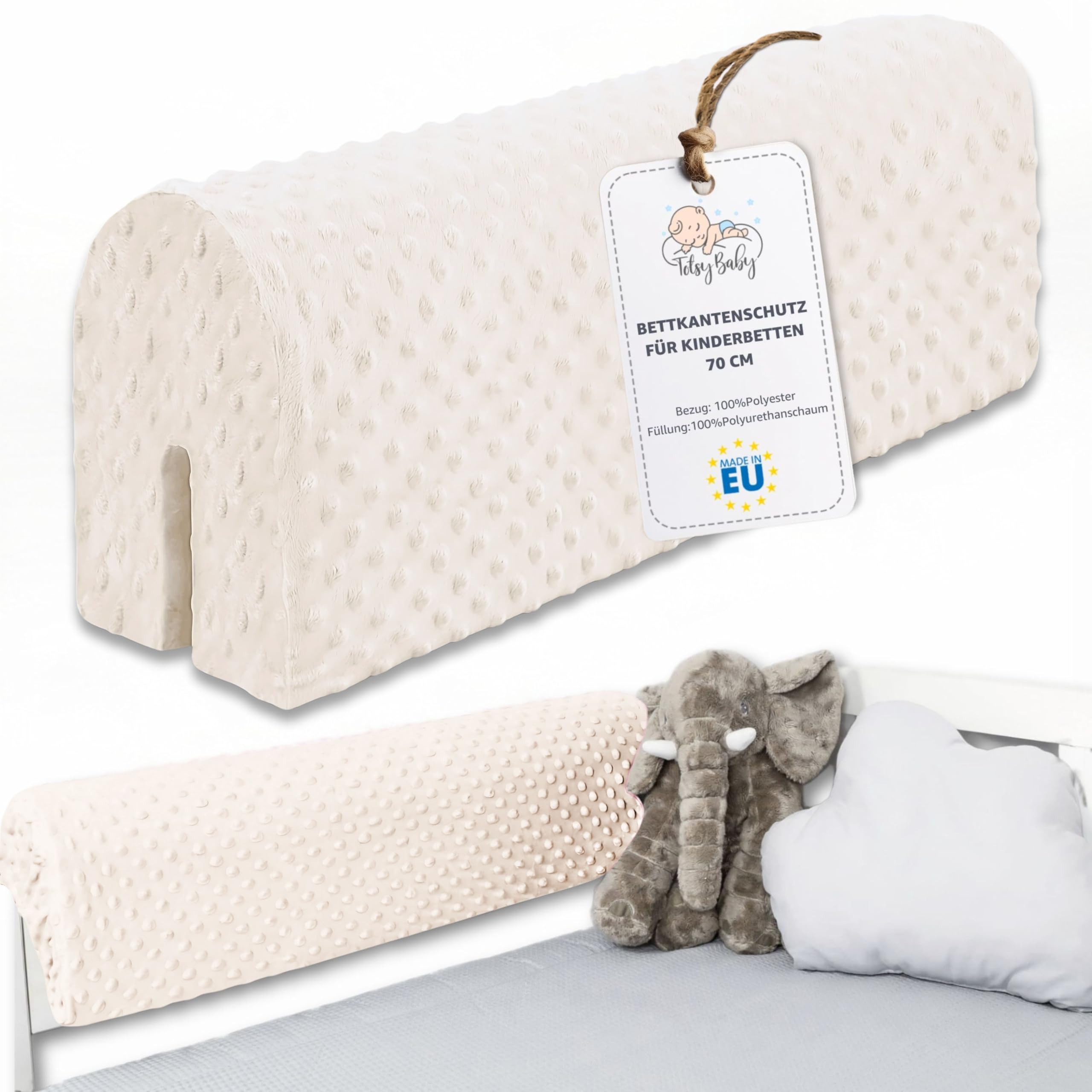Totsy Baby Paracolpi lettino neonato antisoffoco 70 cm - Protezione schiuma per lettino fasciatoio e culla per i bordi del letto o della culla per bambini da 1 a 3 anni Beige chiaro