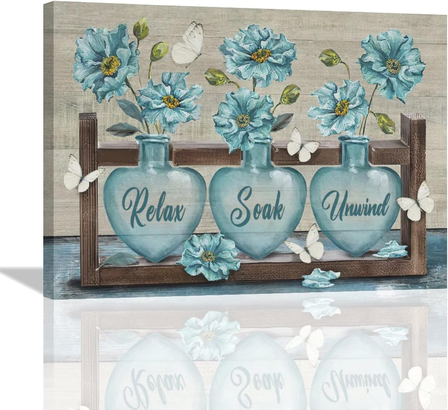 Farmhouse Flower Bathroom Decor Wall Art Vintage Butterfly Floral Blue Pictures Wall
