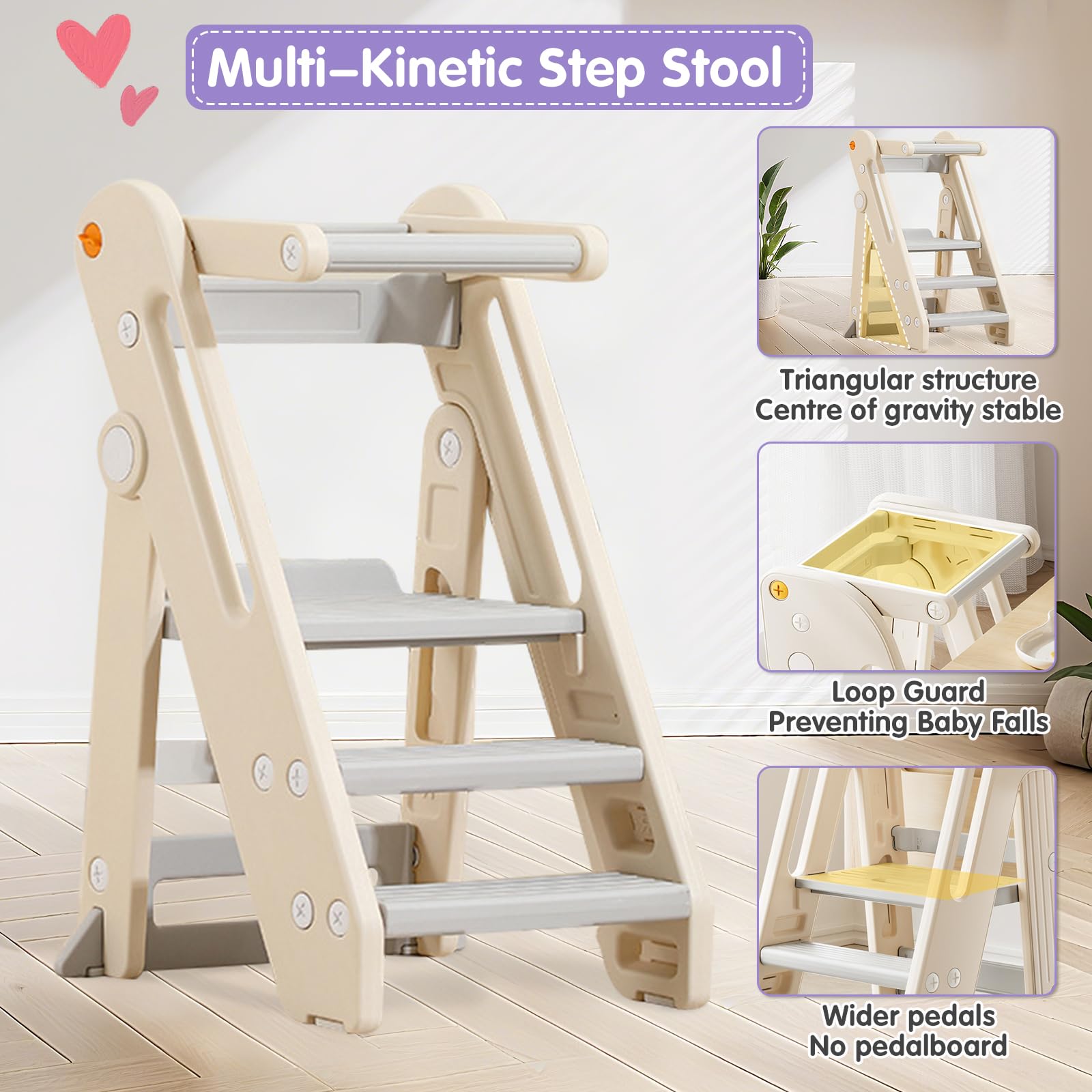 Torre de Aprendizaje para Niños, Taburete Infantil Plegable de Altura Ajustable con Barandilla y Asas, Escalera de Cocina y Baño Antideslizante para Niños – Beige, 52×54×83 cm