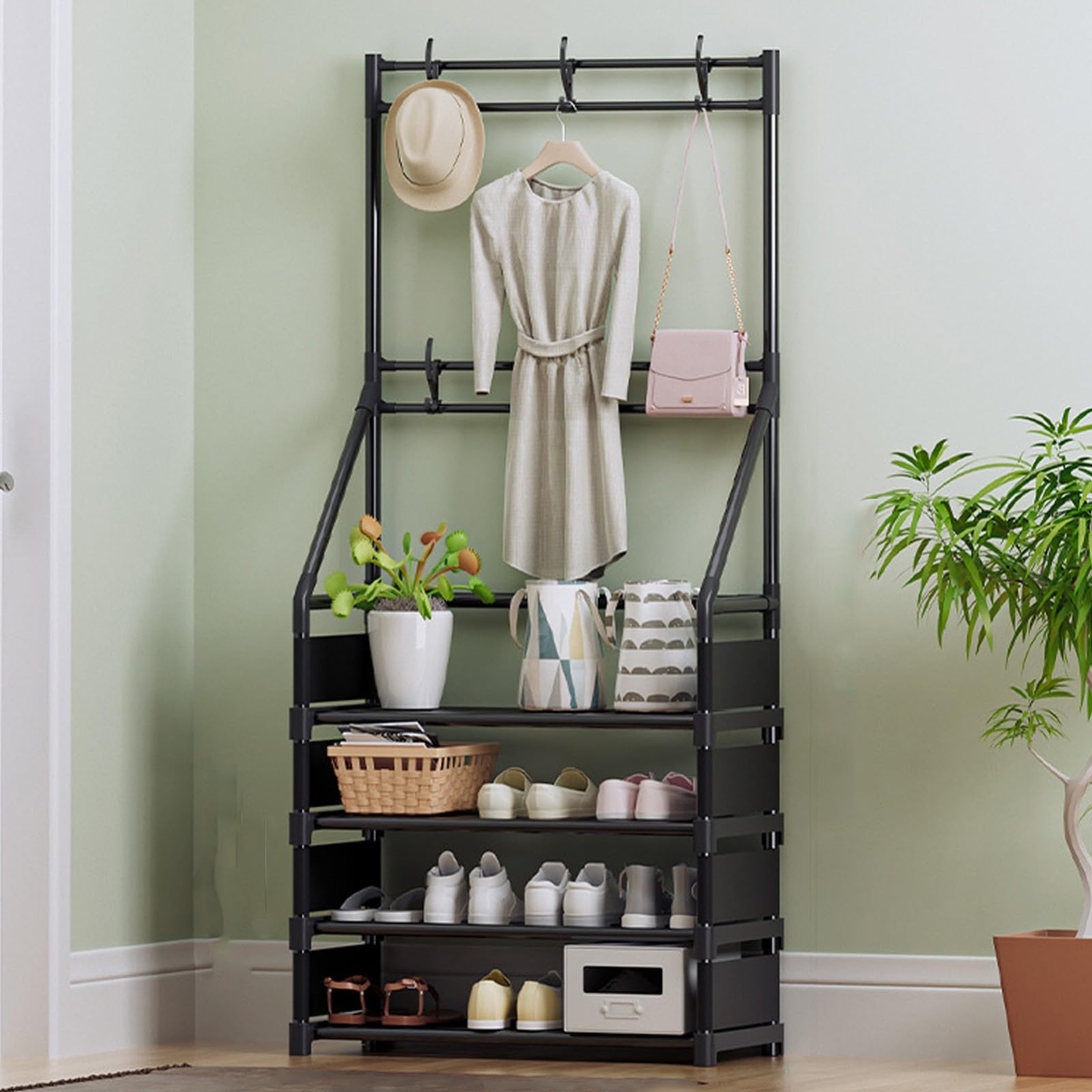 FGXHHS 5-Tier Coat Rack with Shoe Storage, 8 Hooks & Bench, Metal Frame Hall Tree - Stylish Functional 60CM Wide Entryway for Coats Shoes