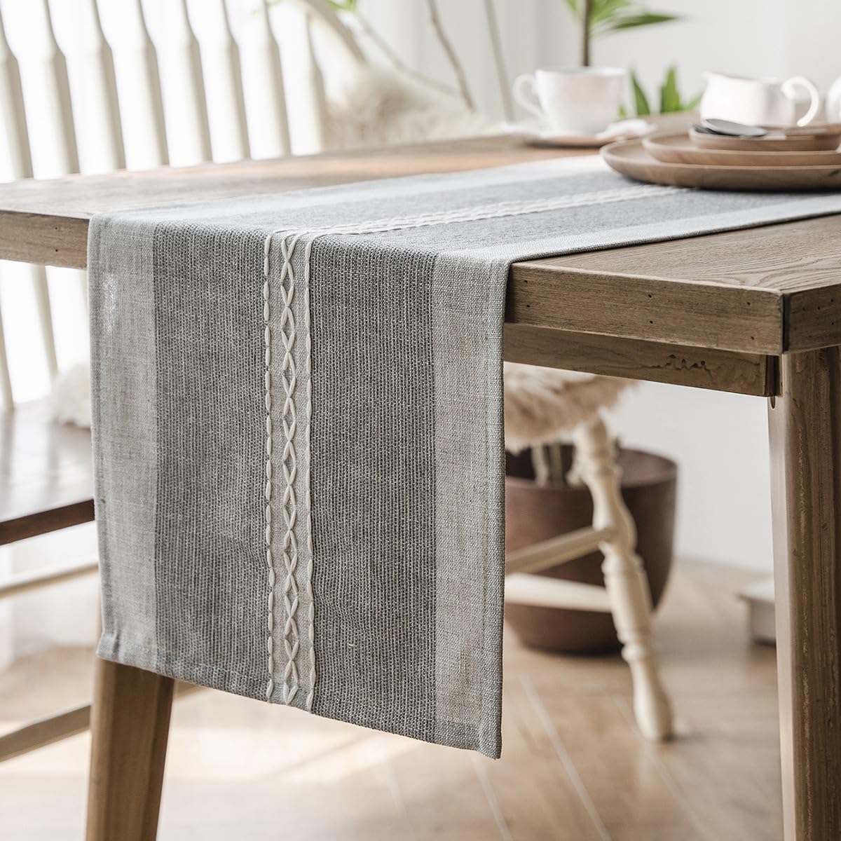Clothfuna Boho Embroidery Dining Table Runner, Grey Cotton Linen Stripe Table Runner 140cm for Party Sideboard Dresser Coffee Table Decor, 33x183 cm/ 13x72 inch