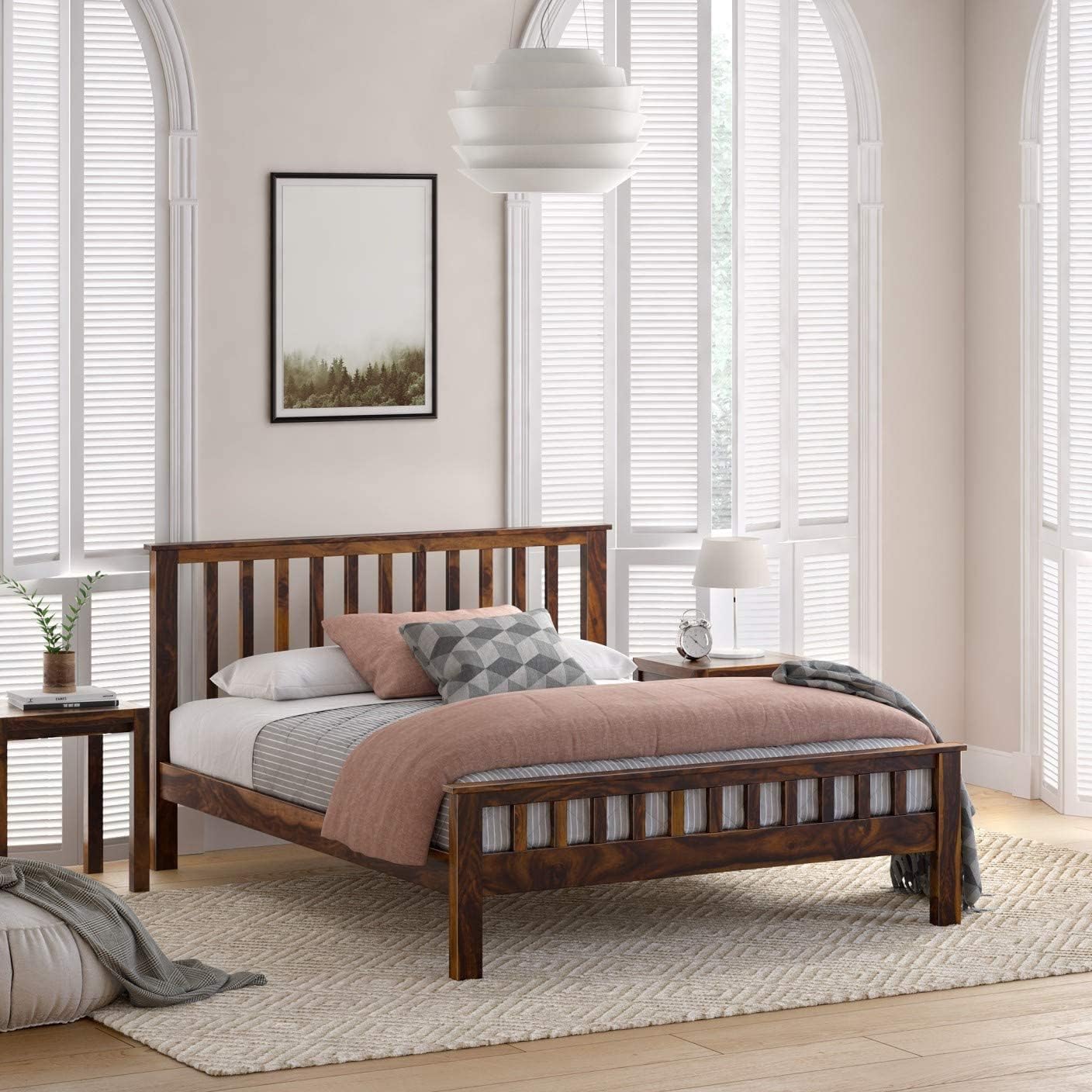 MAHI DECORATION Wooden Queen Size Bed Without Storage | Double Bed Cot with Premium Rosewood Headboard for Bedroom | Solid Wood Sheesham, Teak Finish | Mattress Size: 78 X 60-image-27