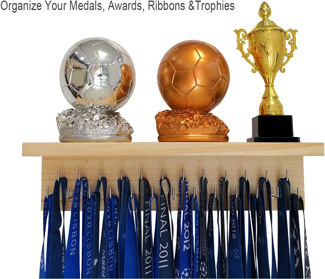 Medal Hanger Trophy Shelf Display Sport Awards. Sturdy Medal Holders for Gymnastics Basketball Soccer Honors Wall Mount Rack, Perfect All-in-1 Wood Shelf by 25 Pcs Steel Hooks.