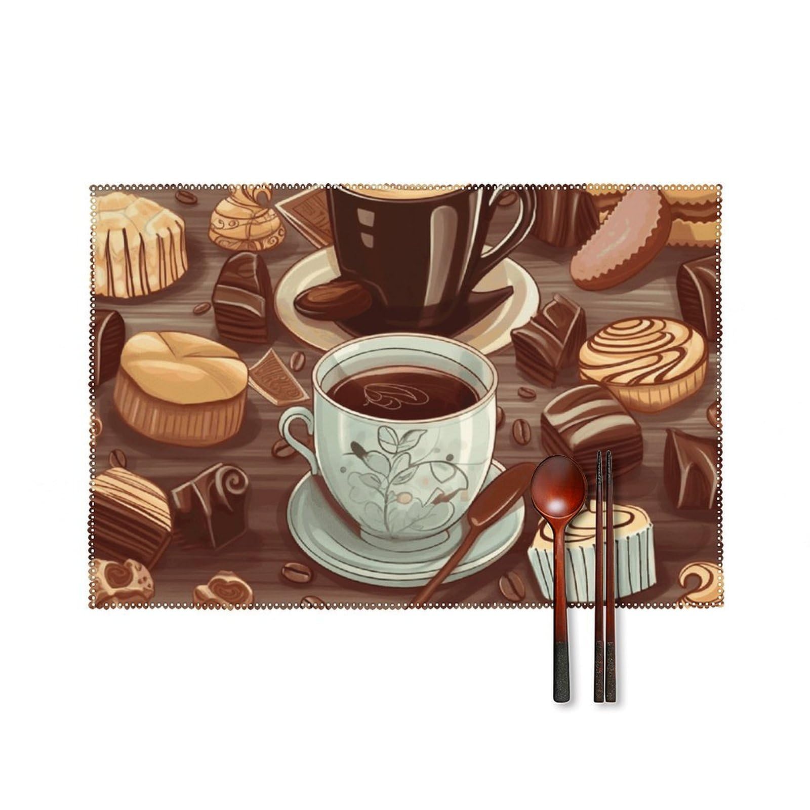 Coffee and Sweets Sugar Chocolate Placemats Set of 6 Wipeable Table Mats for Kitchen Dining Table Heat Resistant Waterproof Modern Indoor/Outdoor Non-Slip Easy Clean Place Mats