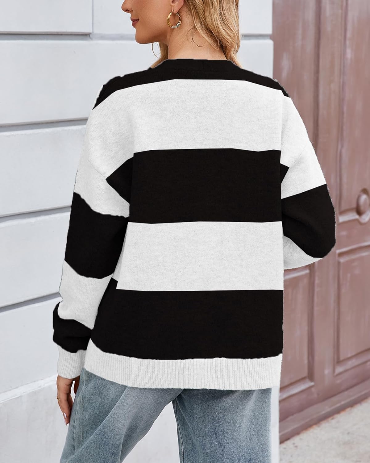Unisex Striped Cardigan Sweaters Open Front Long Sleeve Oversized Button V Neck Knit Outwear - Image 6
