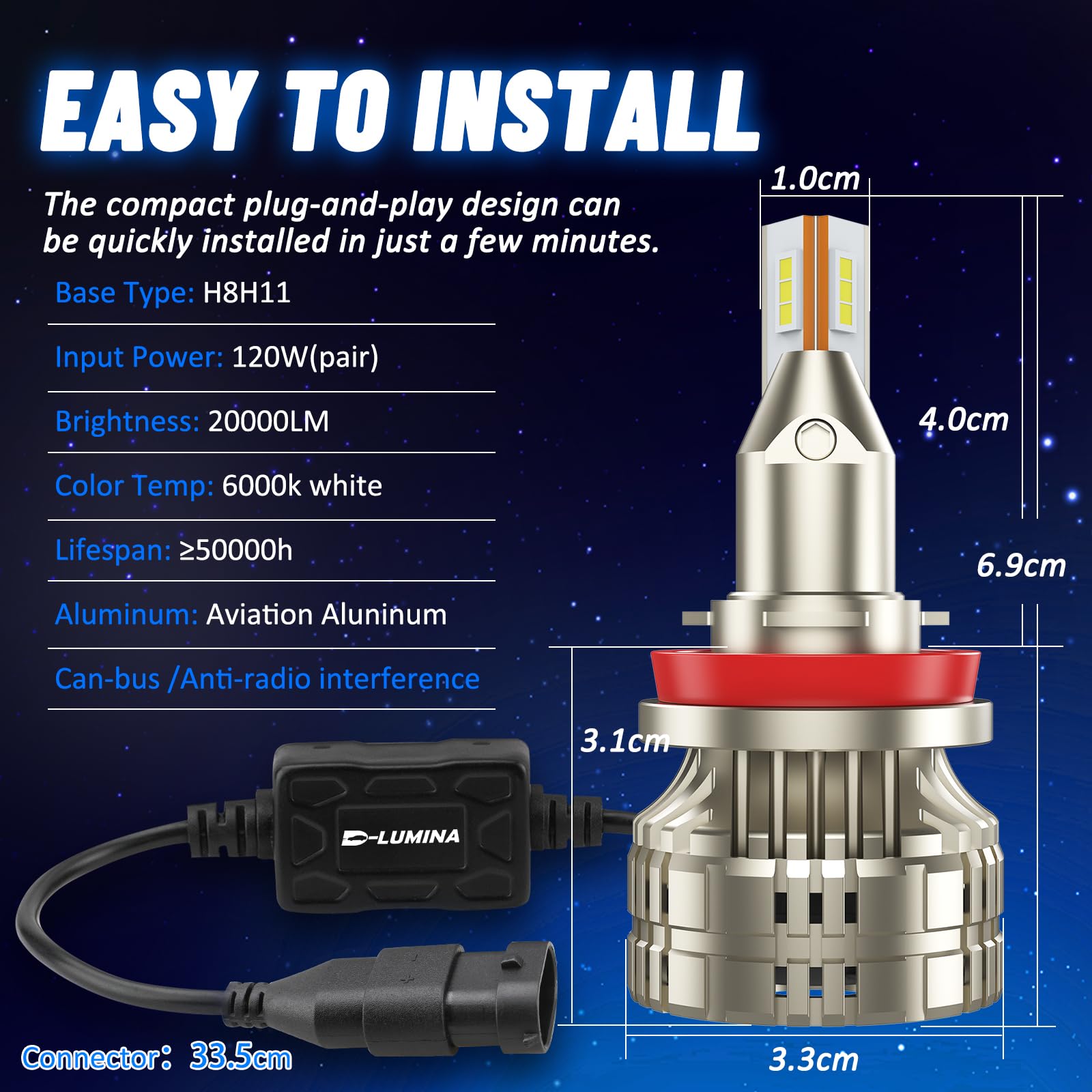 D-Lumina Lampadina H8 LED per Lenticolari Canbus 120W 20000LM Auto Lampada per Faro Lenticolare 6000K,12V,2 pezzi