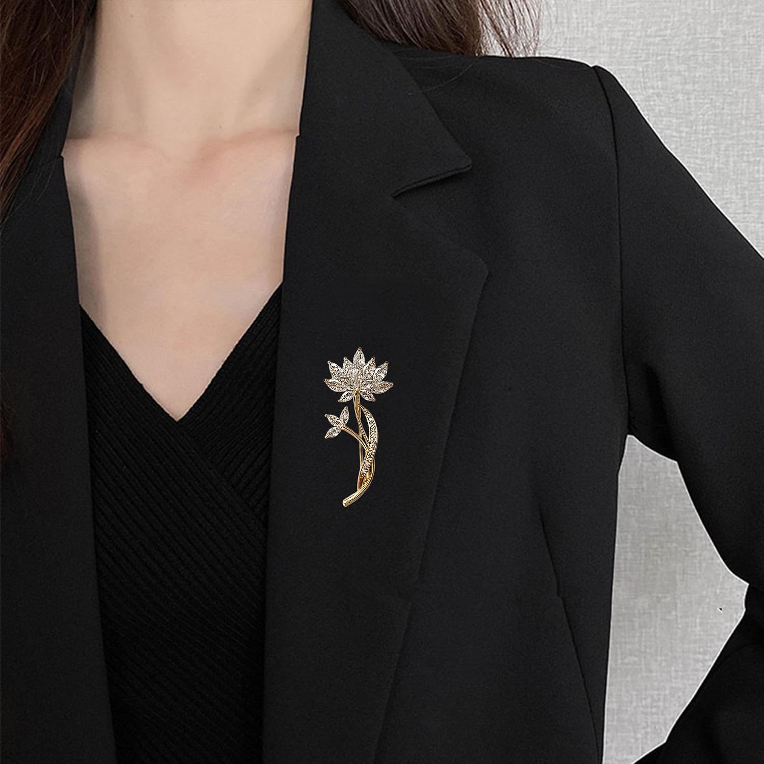 Crystal Lotus Flower Brooch for Women Sparkling Rhinestone Floral Leaf Pin for Blazer, Jacket, Coat, Dress, Scarf