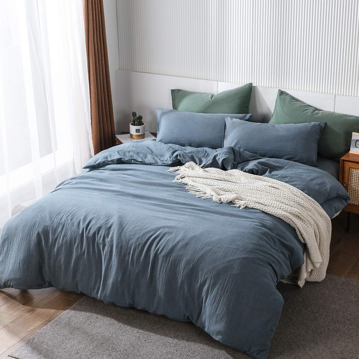 MooMee Pre-Washed Cotton Duvet Cover Set Super Soft Breathable Durable - Perfectly Casual Linen Look but Luxurious Feel (Heathered Blue, King)