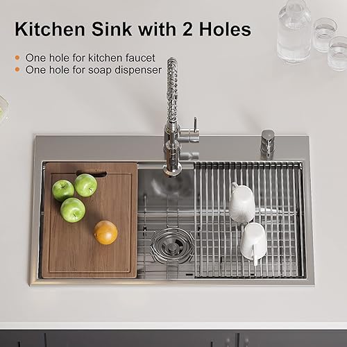 Miniatura 3 de HOROW Fregadero de cocina con estación de trabajo de 33 pulgadas, fregadero de cocina de calibre 18 para cocina, fregadero de acero inoxidable 304