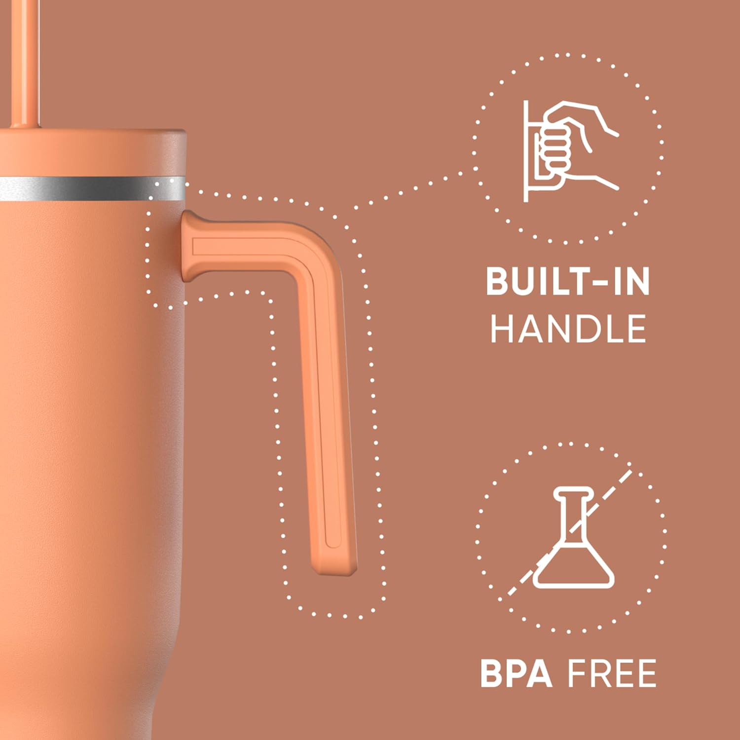 Hydrapeak Voyager 40 Oz Stainless Steel Tumbler with Handle, Insulated Water Bottle With Straw & Lid, Cupholder Friendly Reusable Travel Mug (Apricot Crush) - Image 2