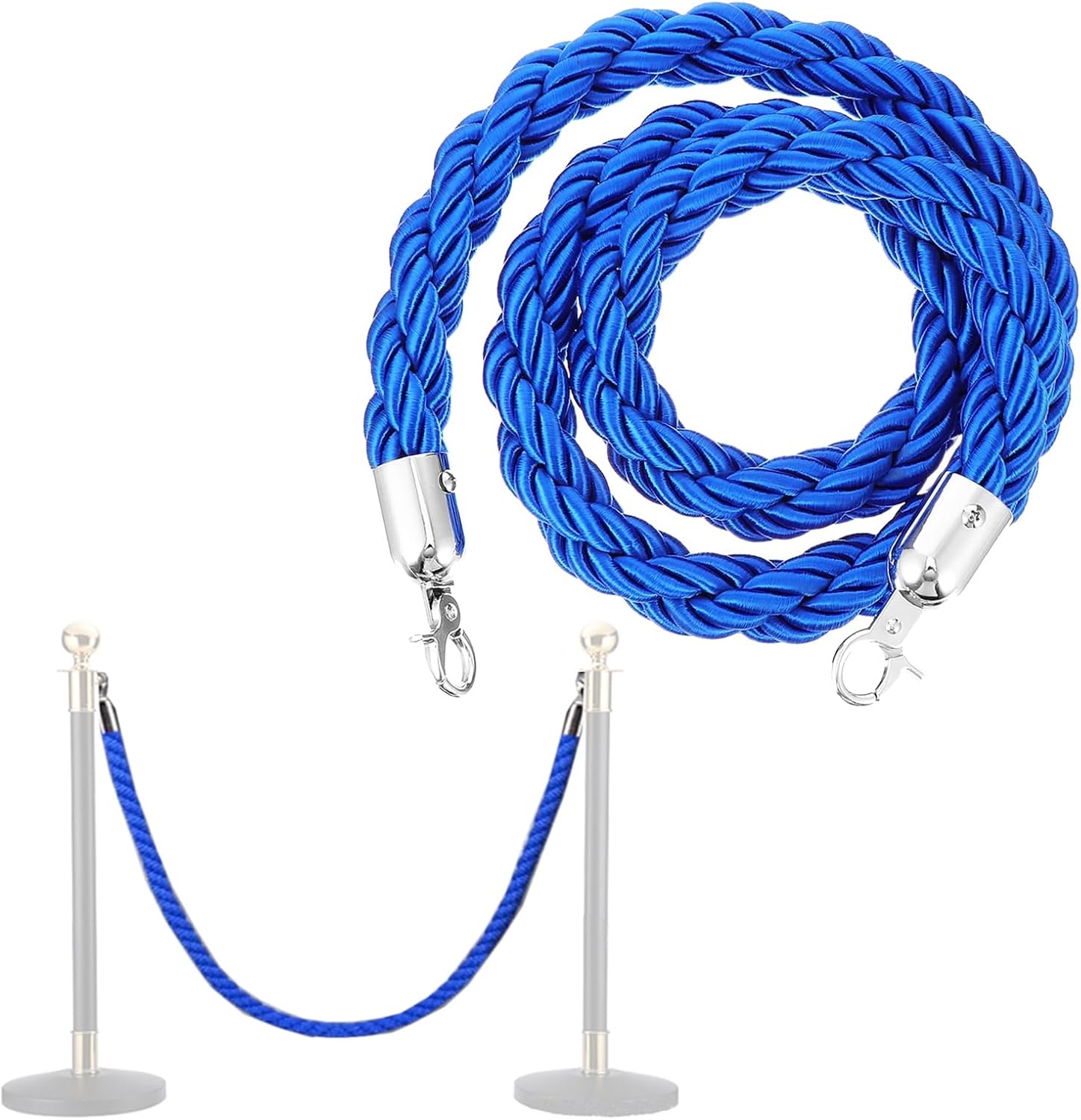 Adjustable Velvet Stanchions with Braided Hemp Rope Barrier, Queue Divider & Safety Barrier for Events, Party, Weddings - Blue & Gold, 7ft & 2ft Options