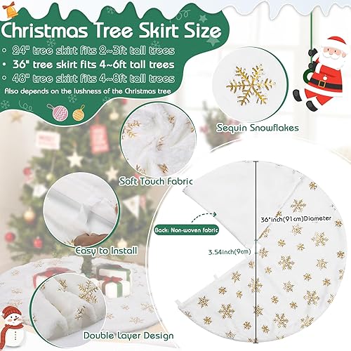 Miniatura 72 de Falda de árbol de Navidad de 48 pulgadas, falda de árbol de piel sintética de lujo con copos de nieve dorados y lentejuelas, alfombrillas grandes