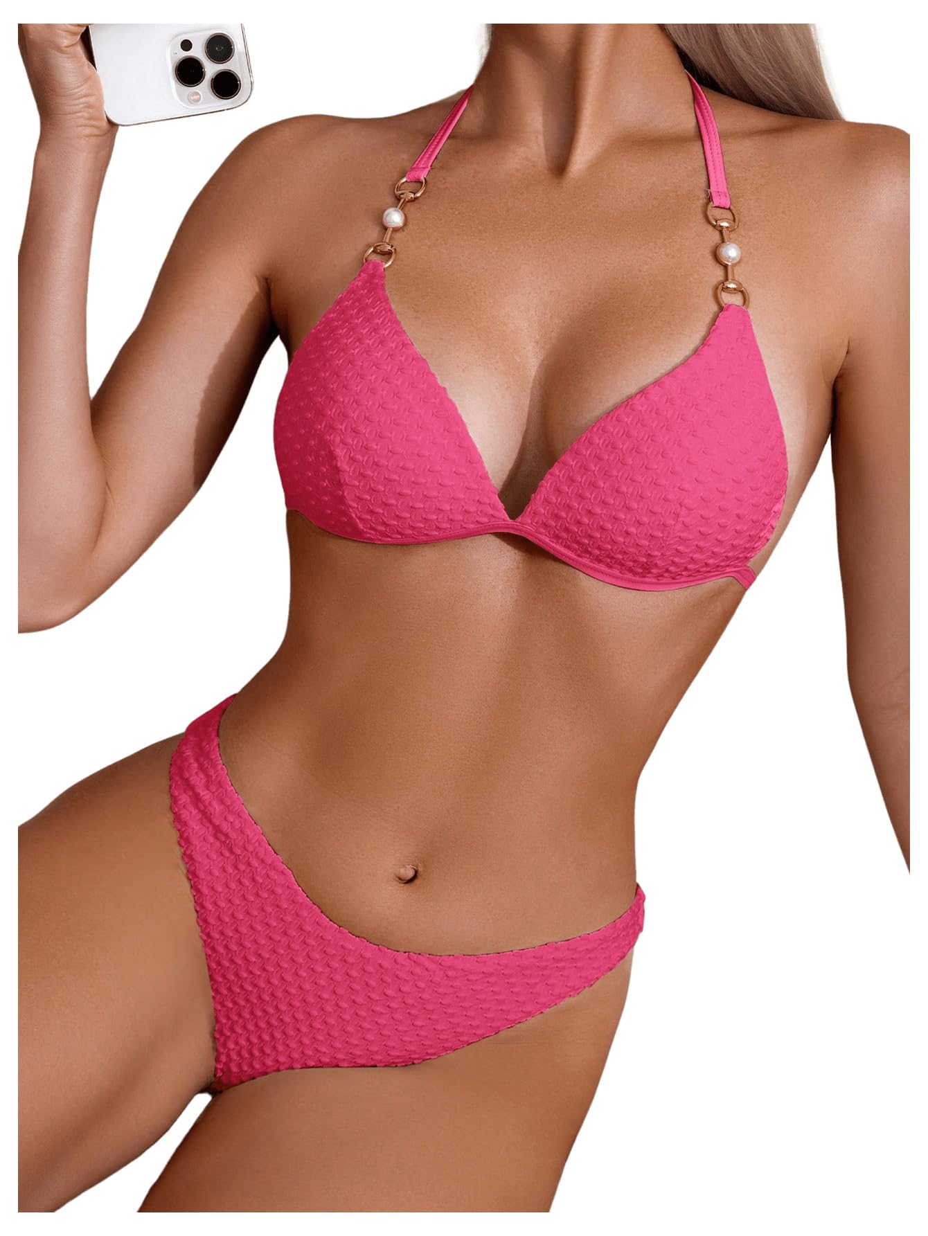 GORGLITTER Bikini damski zestaw z łańcuszkami, wiązane na szyi, trójkąt, bikini, seksowny, dwuczęściowy kostium kąpielowy z perłami, moda kąpielowa