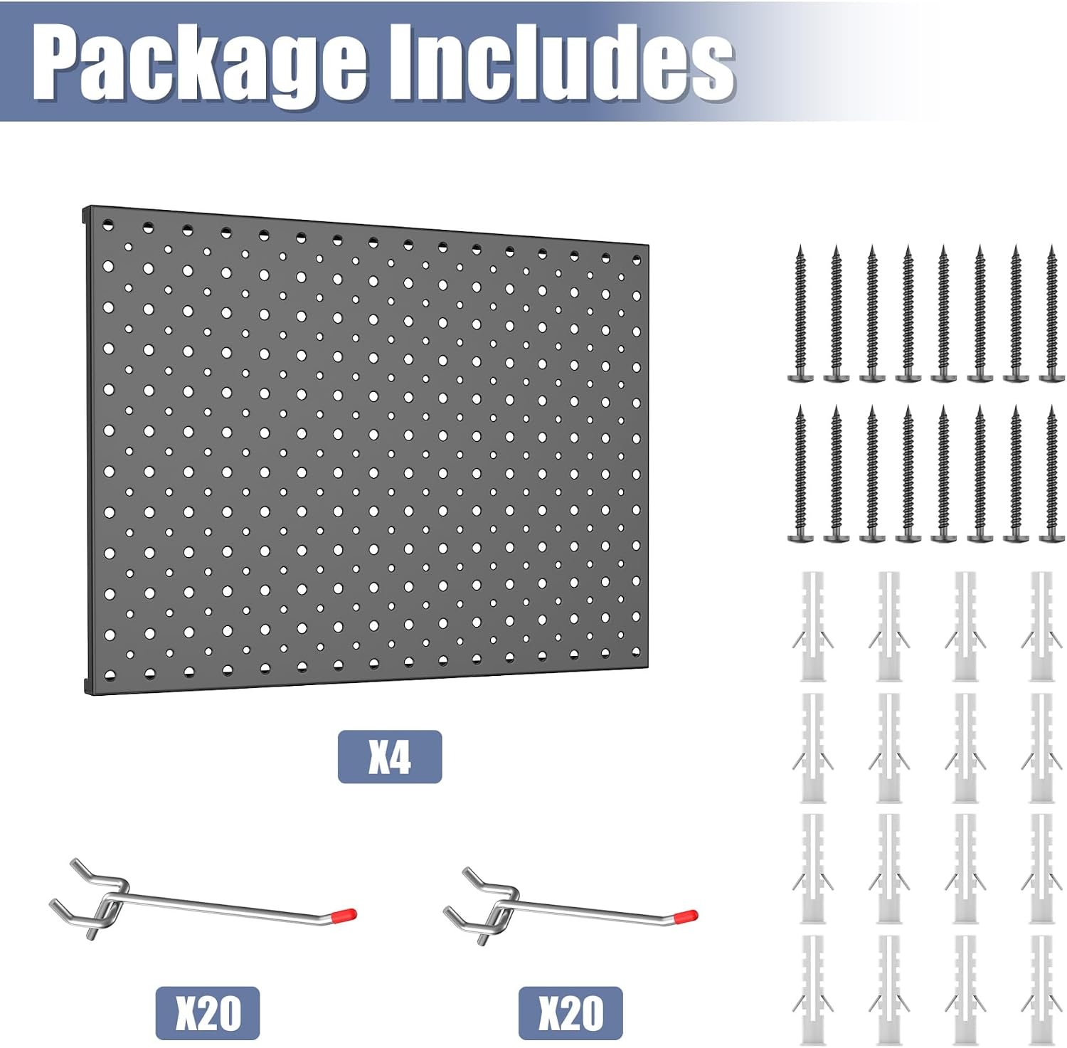 WALMANN 12"x16" Metal Pegboard Panels and Hooks for Garage, Tool Storage Pegboard with Hook - Compatible with 1/8" & 1/4" Hook(4 Black Panels with Hooks)