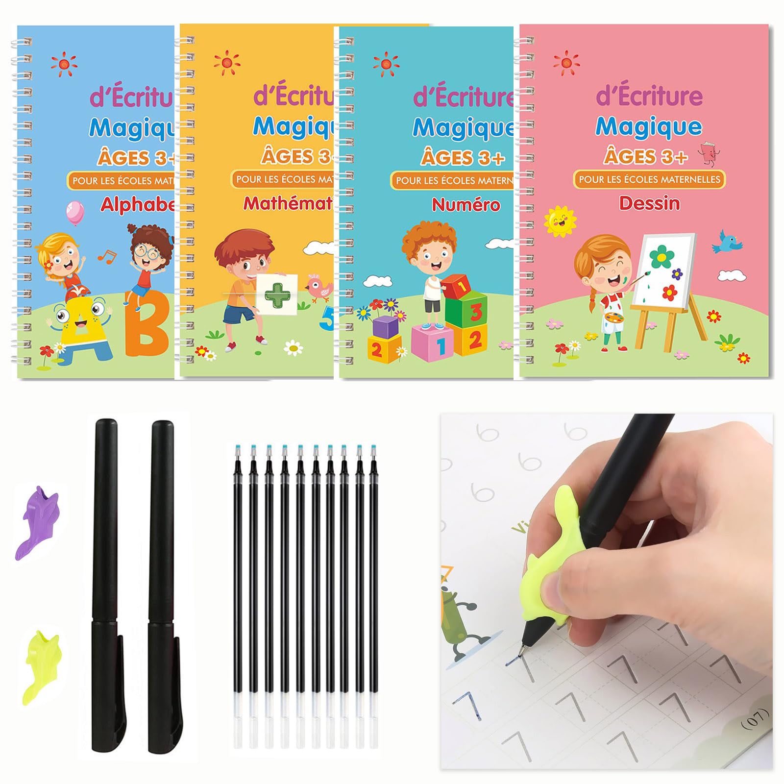 Cahiers Magiques Réutilisables Pour Enfants - Lot De 4 Avec Stylo, 26x18 Cm, Apprentissage écriture Dès 3 Ans