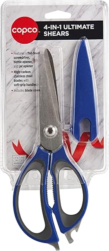 Miniatura 4 de Copco Tijeras de cocina 4 en 1 de acero inoxidable de agarre suave con cubierta de cuchilla, 10.83 pulgadas, azul rey y gris