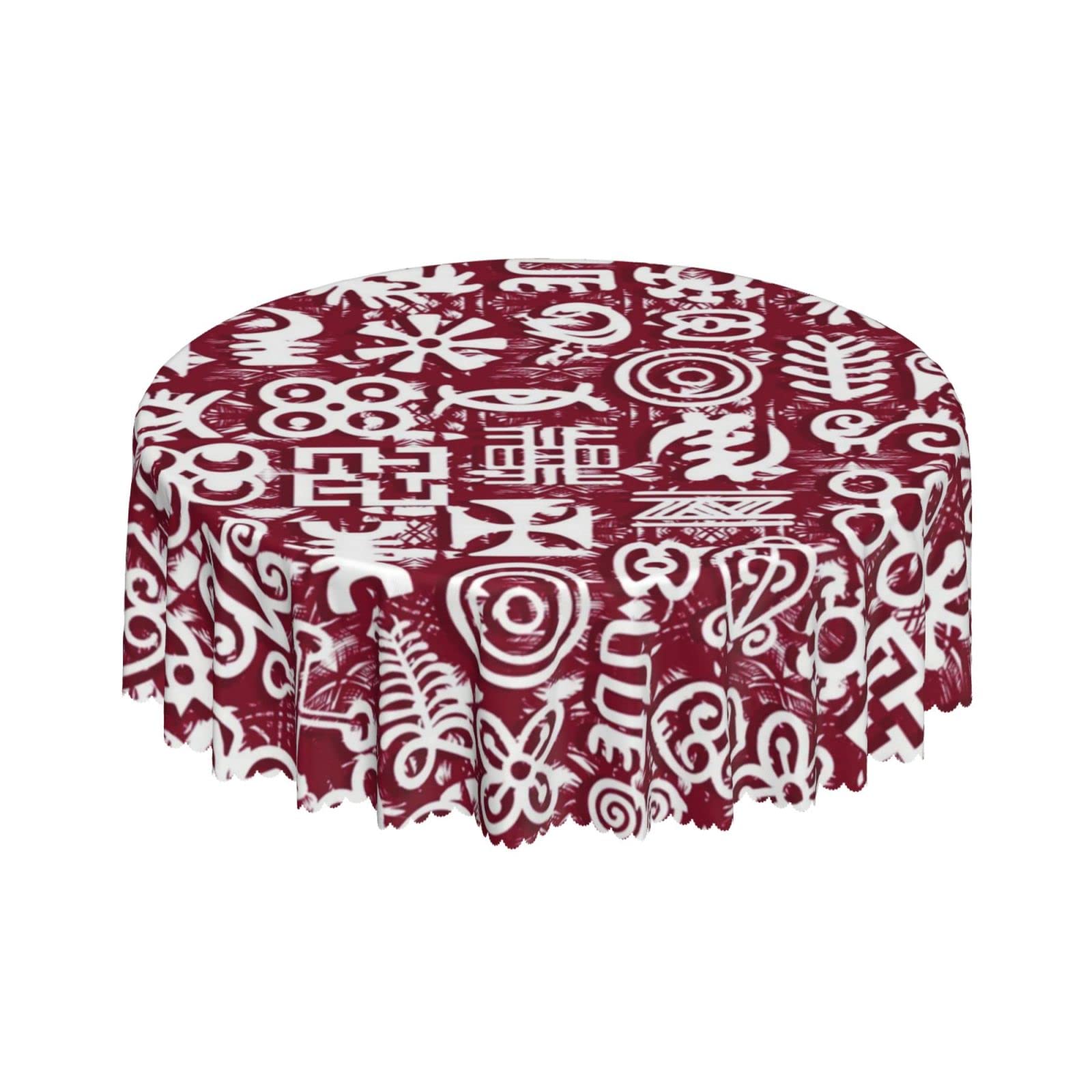 Lsjuee Adinkra Symbols African Red Round Tablecloth 60 Inch Printed Washable Tablecloth for Dining Party Holiday Fall Home Decorative