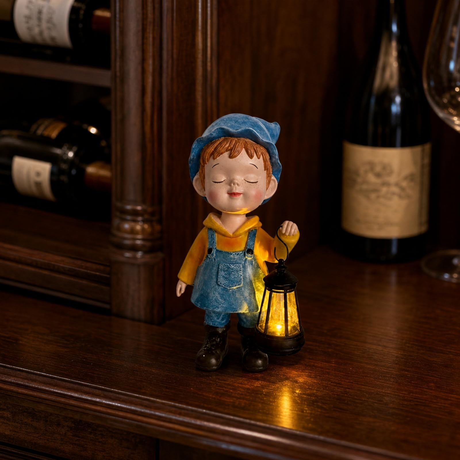 Statuetta con Lanterna Compatta Scultura, Stile Rustico Con Design A Forma Di Bambina Con Lanterna Decorativa