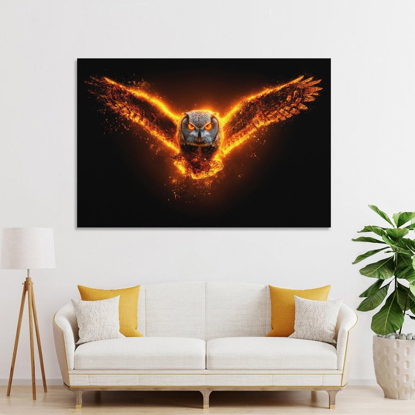 Junmoney Fiery Owl with Blazing Wings Wall Art Print, 24x36inch(60x90cm), for Living Room, Bedroom, Office Or Hallway, Canvas Wall Art That Fits Changing Layouts