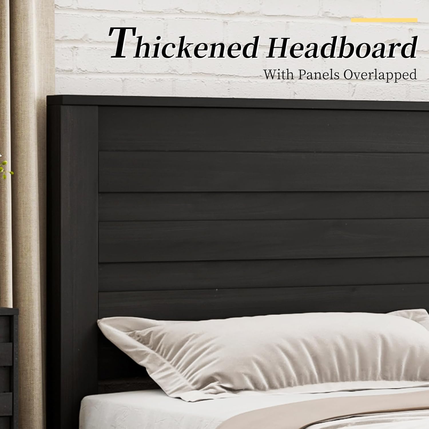 Farmhouse King Bed Frame with 49" Tall Headboard, Wooden Platform Bed with Hidden Metal Bed Frame, No Box Spring Needed/Noise Free, Black