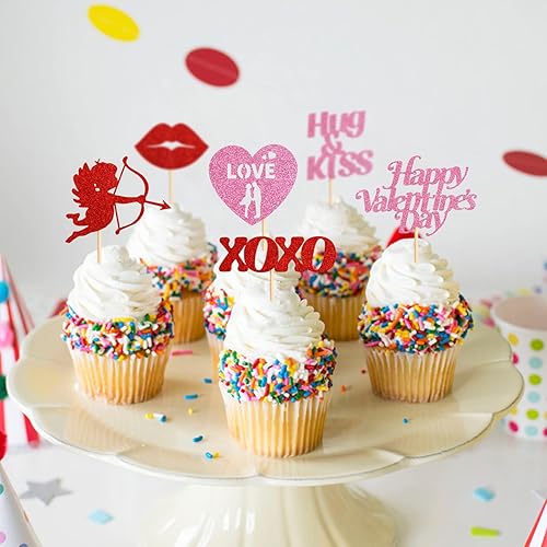 Miniatura 8 de Keaziu XOXO - Paquete de 24 adornos para cupcakes para el día de San Valentín beso me amo ti púas de magdalenas rojas corazón de auto regalo para