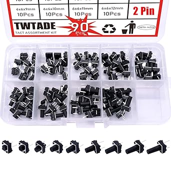TWTADE 90PCS 2 Pin Tactile Switch Micro Momentary Push Button Switch Tact Assortment Kit 6 x 6 x 4.3/5/6/7/8/9/10/11/12mm(Each Values 10pcs) QC-9V-2P
