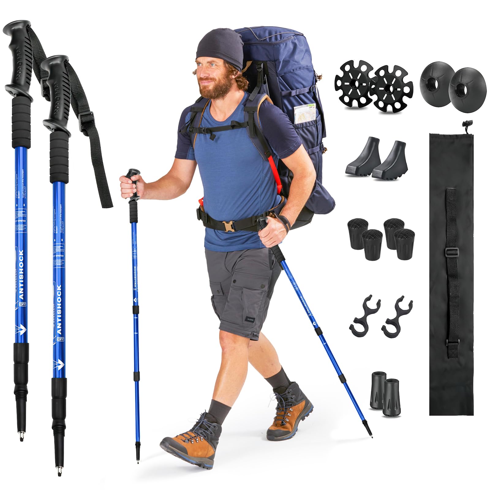 Yostyle Trekking Poles, 17 Pieces Adjustable Retractable Trekking Pole 130 cm with Off-Road Accessories, Durable Aluminum, Lightweight and Strong for Mountaineering, Hiking, Skiing, Climbing (Blue)