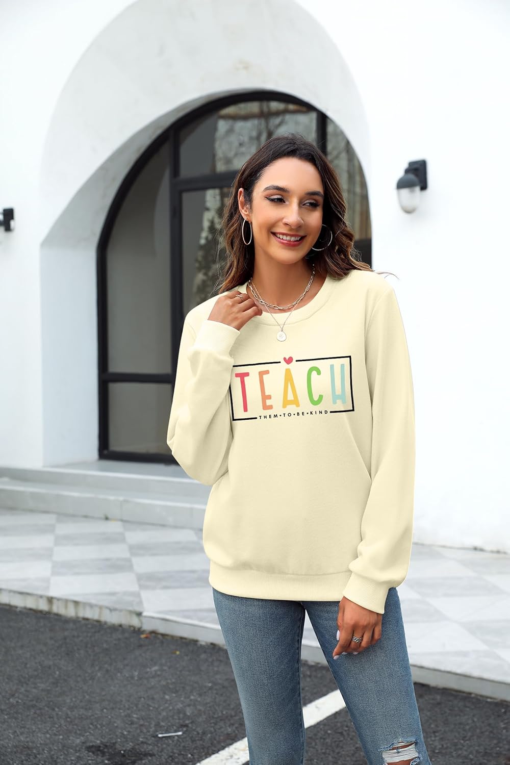 KNEYATTA Teacher Sweatshirt for Women Teach Them to Be Kind Tshirts Crewneck Sweatshirts Long Sleeve Pullover Tops - Image 3
