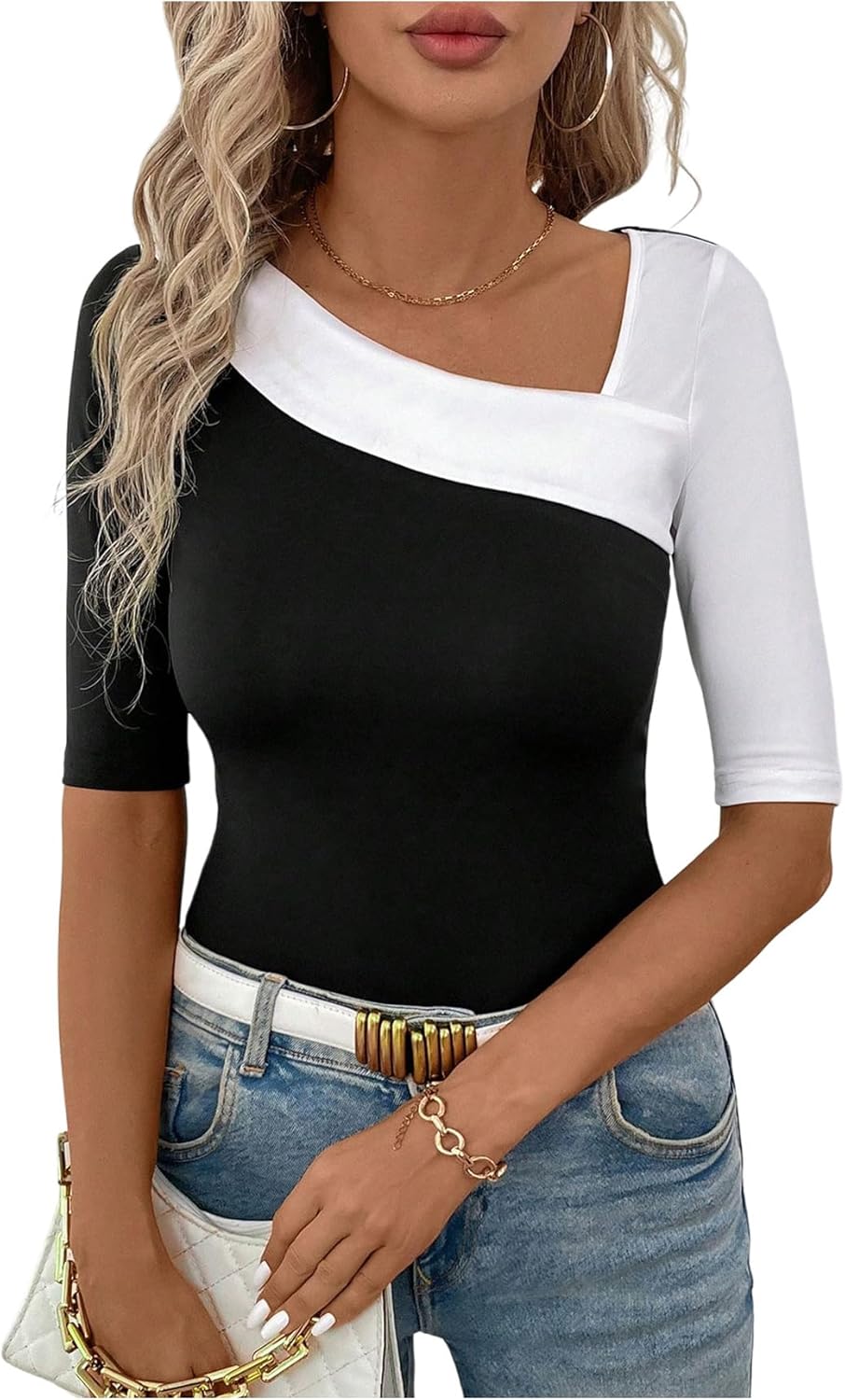SweatyRocks Women's Y2k Asymmetrical Tops Ribbed Knit Slim Fit Shirts Short Sleeve Going Out Top - Image 4