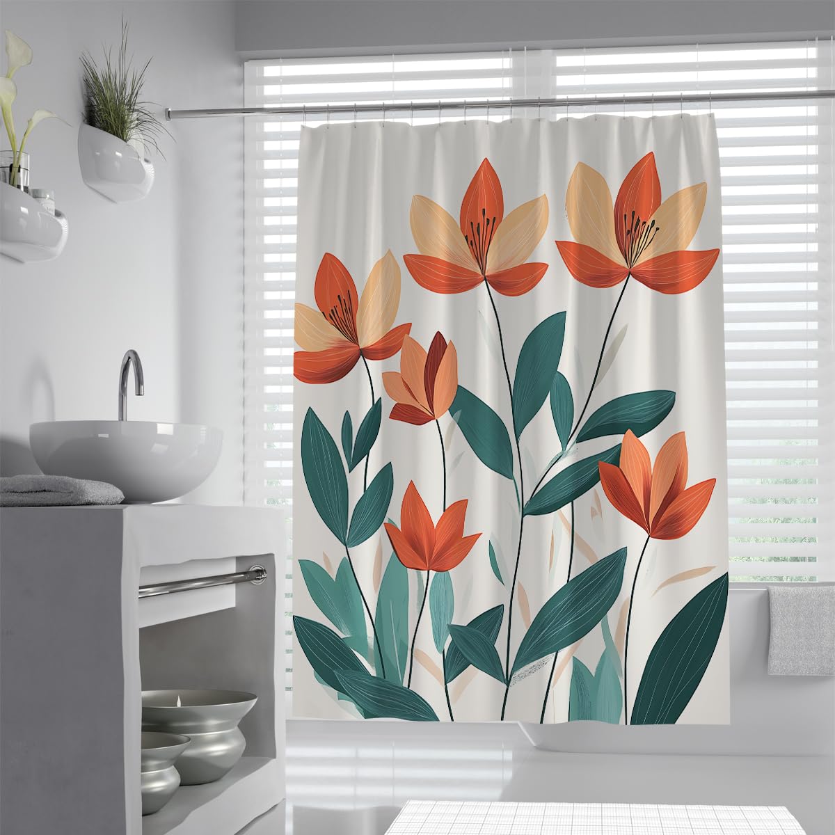 UIRINGART Burnt Orange Shower Curtain W200xL220cm Modern Botanical Floral Print Waterproof Polyester Mildew Resistant Quick Dry Bathroom Decor with Hooks