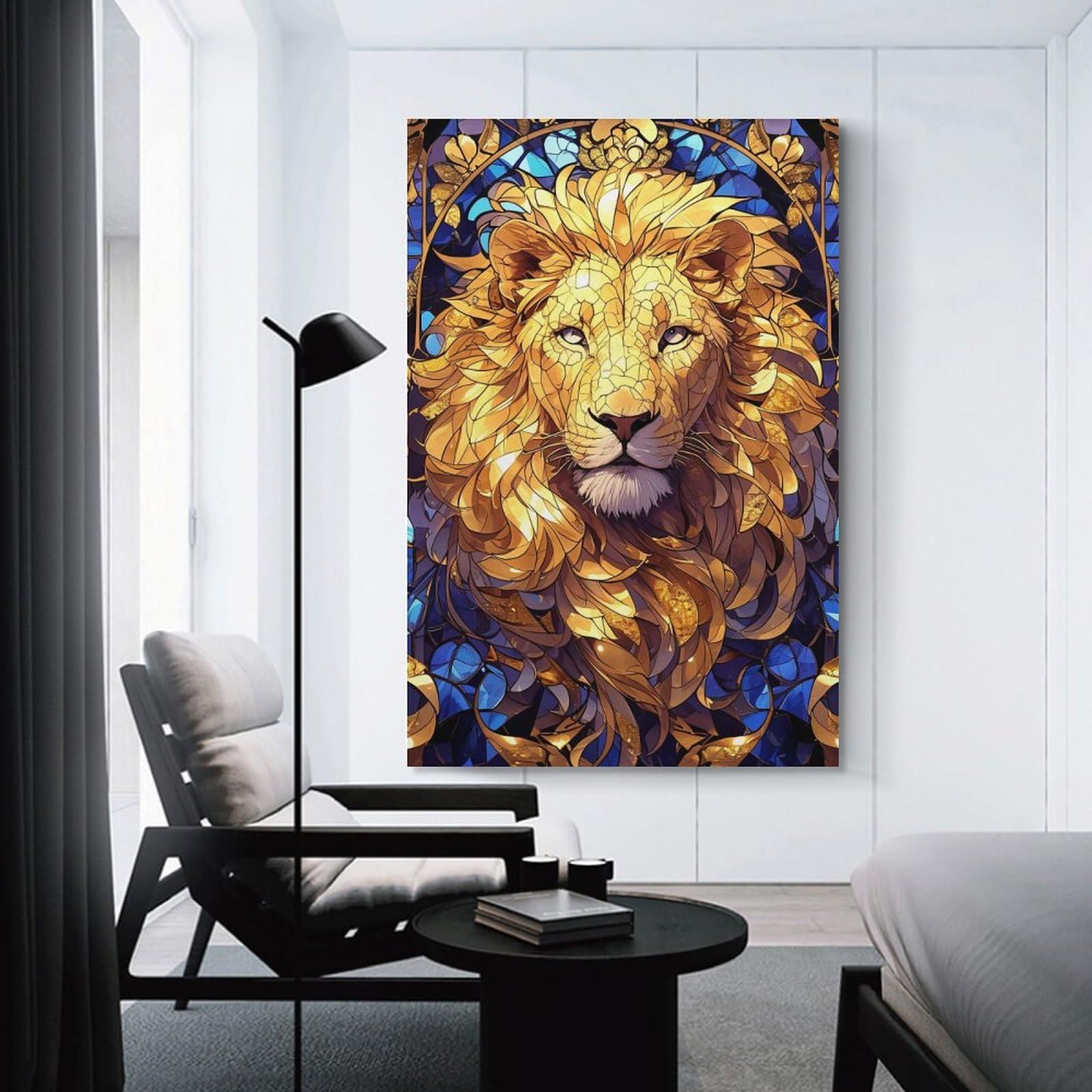 Junmoney Unframe-Style-14 Golden Lion Stained Glass Art Wall Picture Print 24X36inch(60X90cm), For Lounge Decor, Offices Or Entryway Styling, Versatile Wall Decor For Many Rooms