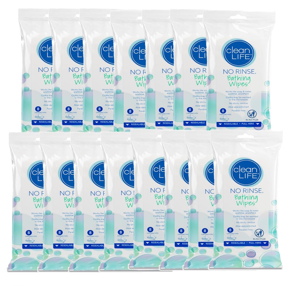 Cleanlife No-Rinse Bathing Wipes (15 Packs of 8) - 120 Disposable Body Wipes