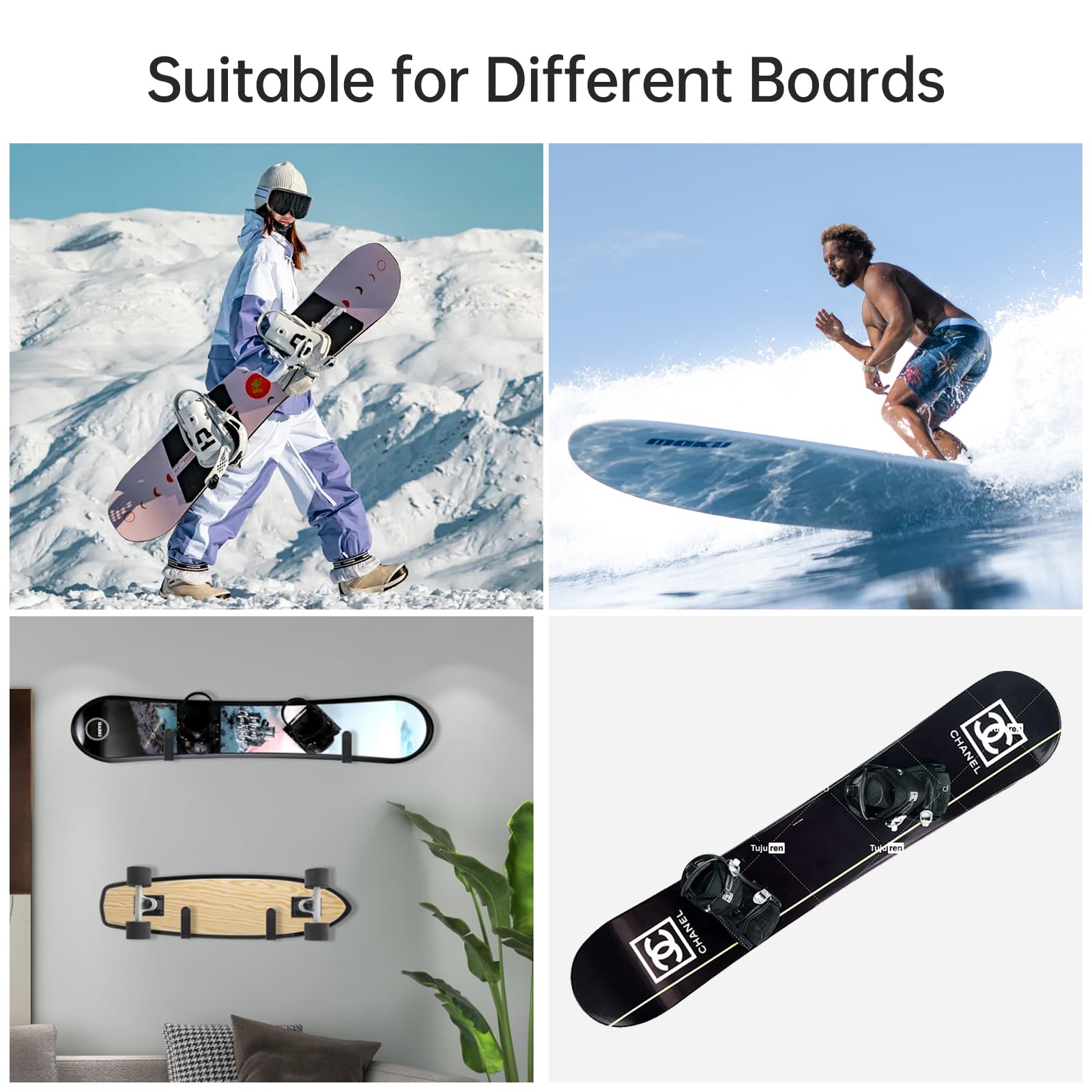 CANGCANG 2 pary wsporników ściennych do snowboardu, uchwyt na deskorolkę, stojak na deskę snowboardową, narty, hak do przechowywania, deski Vomo Longboards, Wakeboardy i łyżwy
