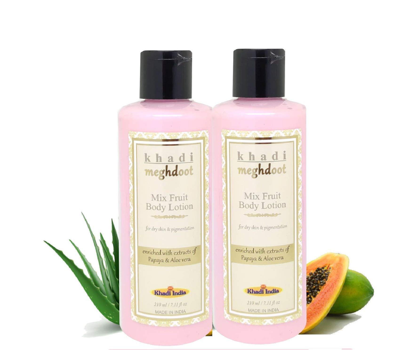 Khadi Meghdoot Mix Fruits Intense Hydrating Body Lotion, Enriched With Extracts of Papaya and Aloe Vera for Pigmentation and Dry Skin, Soft and Glowing Skin, 210ml Each, Pack of 2