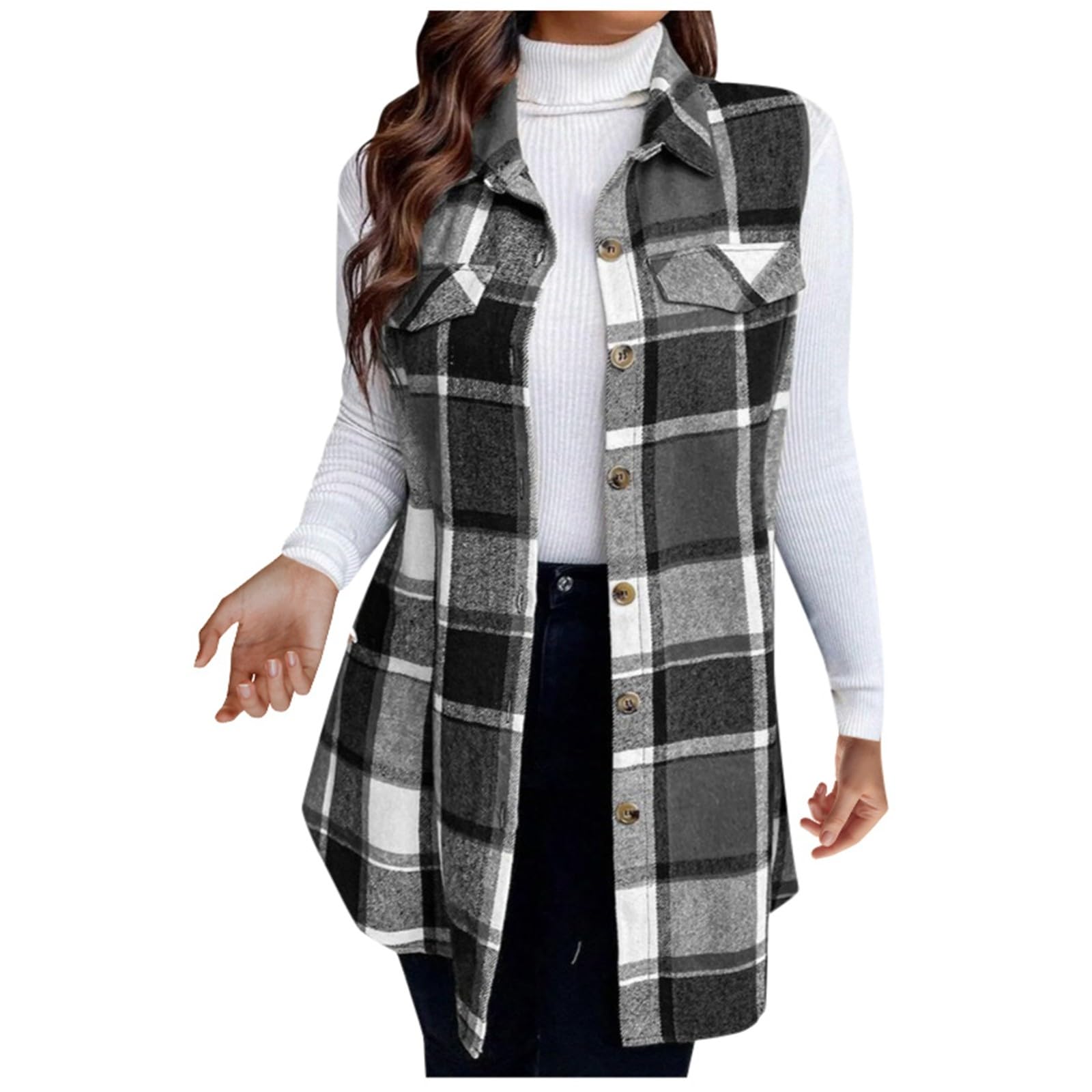 Long Vest For Women Sleeveless 2025 Trendy Plaid Flannel Vests Jacket With Pocket Holiday Vest For Women