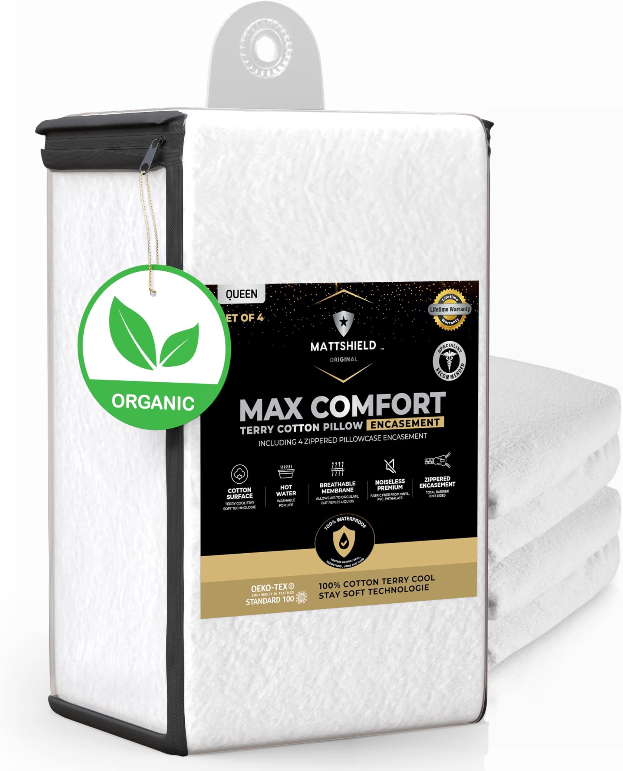 4-Pack MATTSHIELD Max Comfort Pillow Protectors, Queen — Zippered, 100% Waterproof, Organic Cotton Terry Surface, Quiet & Breathable Pillowcase Covers
