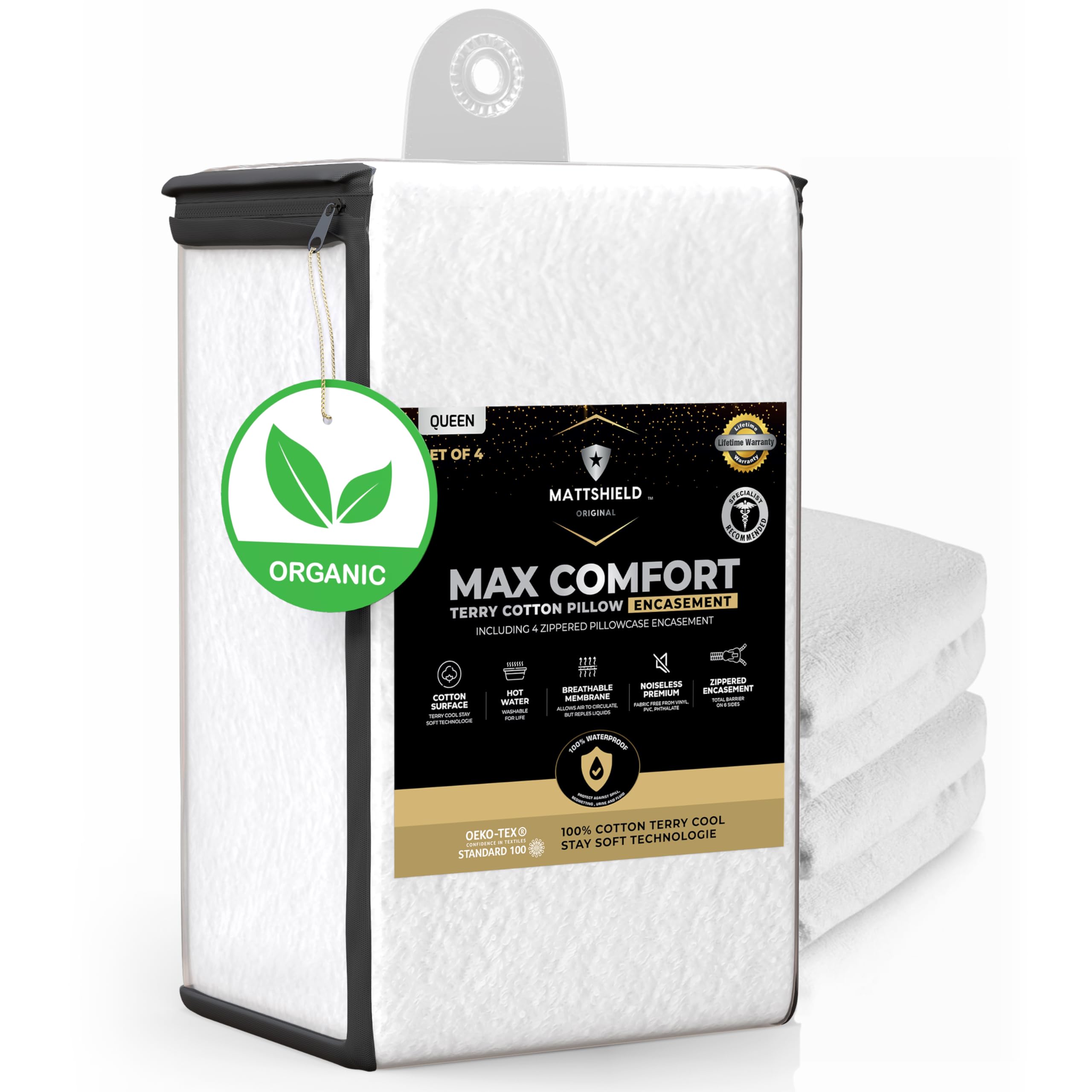 4-Pack MATTSHIELD Max Comfort Pillow Protectors, Queen — Zippered, 100% Waterproof, Organic Cotton Terry Surface, Quiet & Breathable Pillowcase Covers