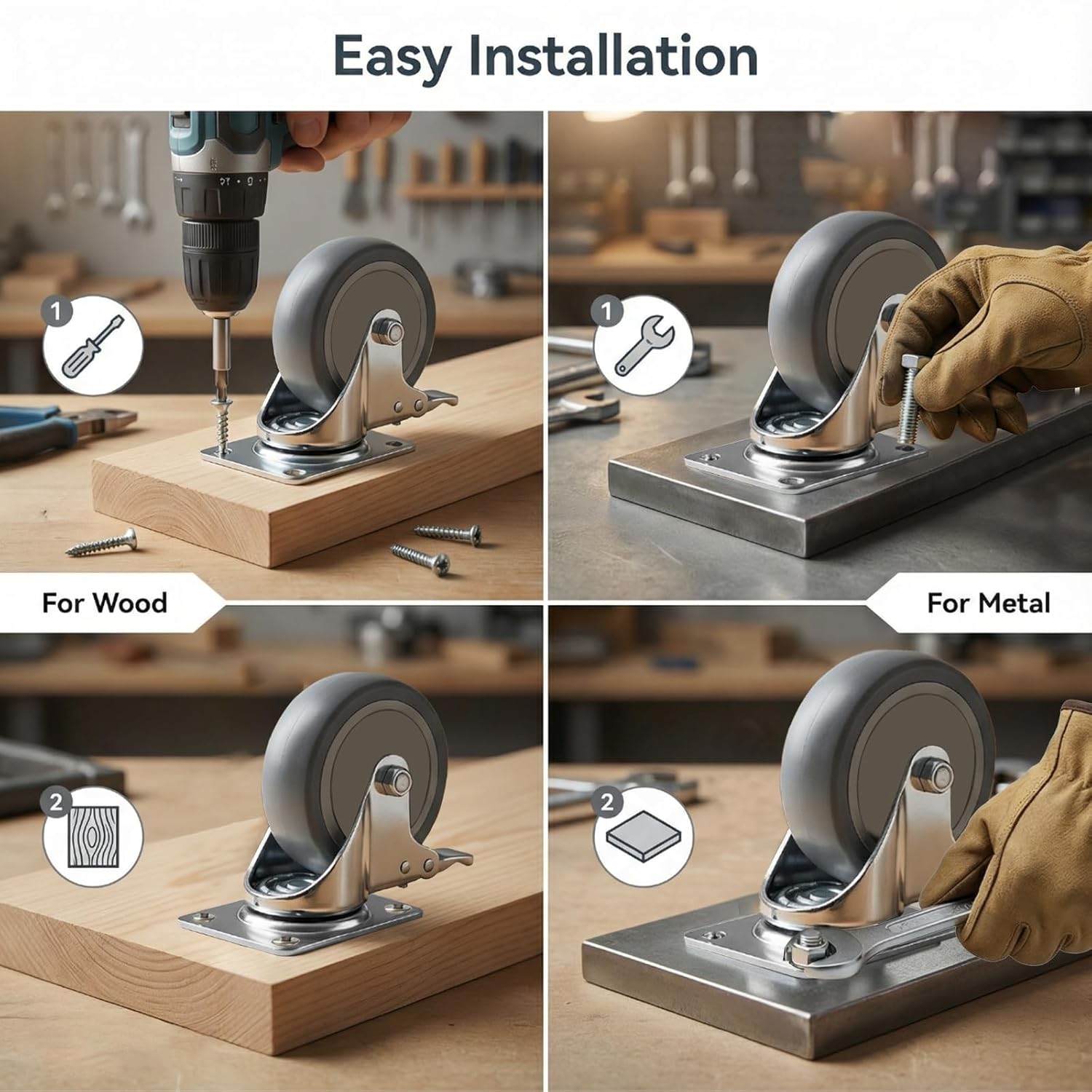4 Inch Heavy Duty Stainless Steel Swivel Casters with Brake, Silent Non-Marking TPR Wheels, 304 Set of 4, 2300 lbs Load, for Furniture, Kitchen, Labs, Industrial