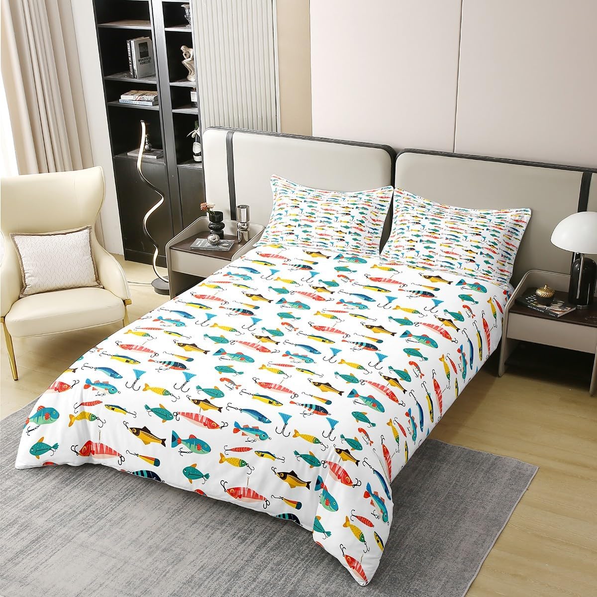 Fish Cotton Duvet Cover Set Full Size Cute Fish Bait Bedding Set for Kids Boys Girls Colorful Fishing Hooks Comforter Cover Set Nature Fishing Theme Bedspread Cover Room Decor 3Pcs with 2 Pillow Case