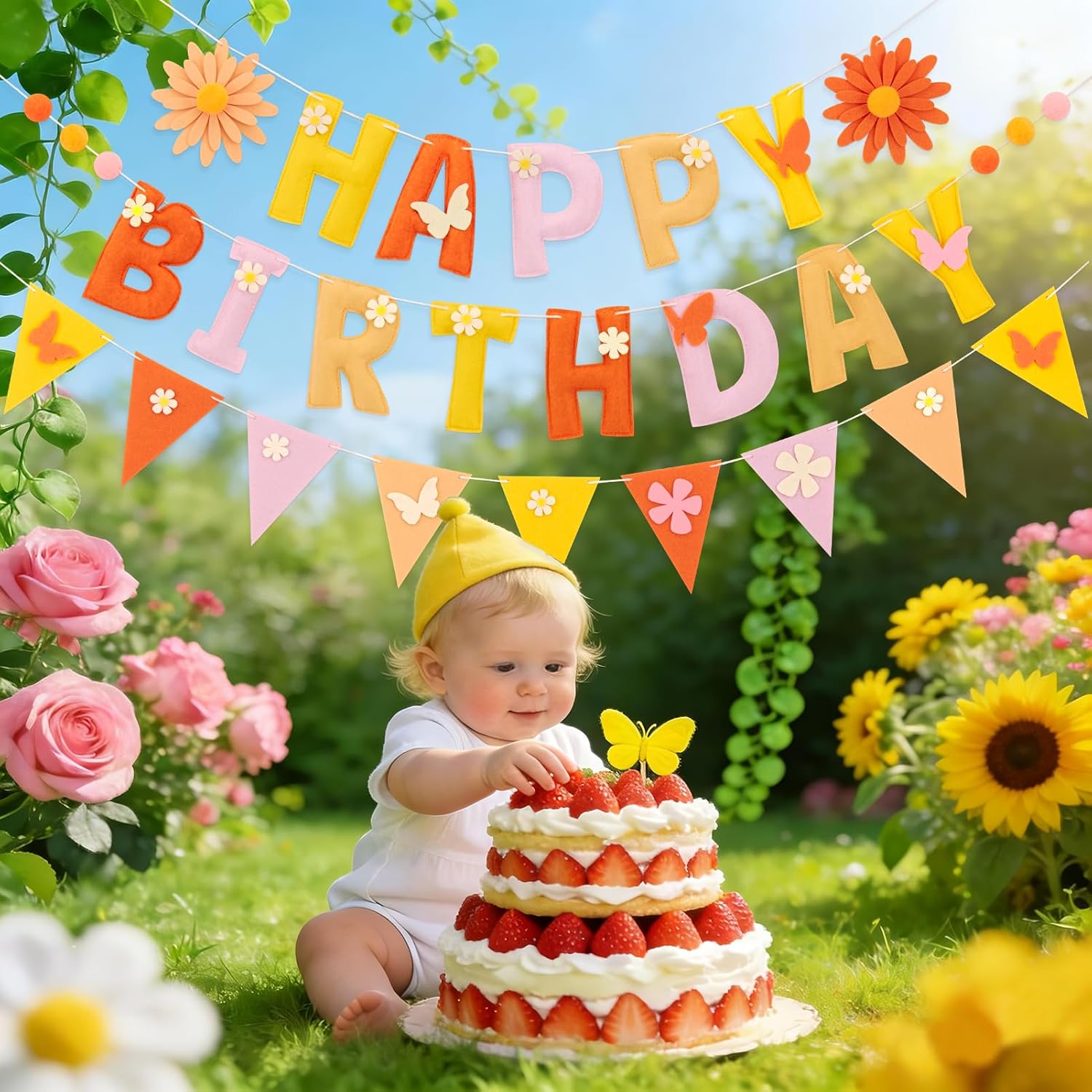 Happy Birthday Decorations Banner, 3D Happy Birthday Banner Felt, Garland Happy Birthday Garland, Daisy Decor Party for Girls Women Mom Boho Birthday Baby Shower Spring Summer Garden - Image 7