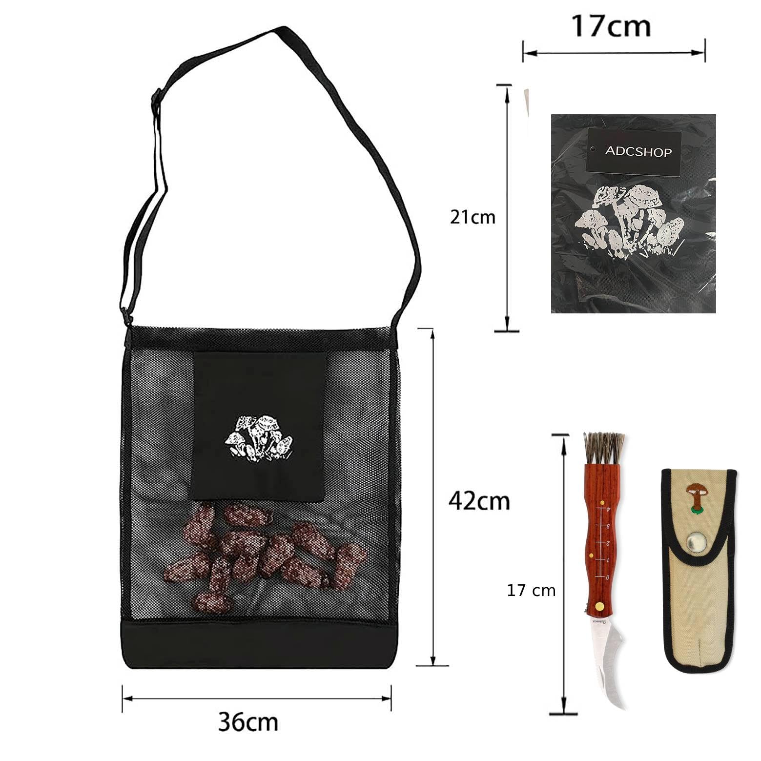 Ensemble Sac et Couteau pour la cueillette des Champignons et des Fruits - Sac en Maille libérant des Spores - - Couteau avec étui et Manche en Bois