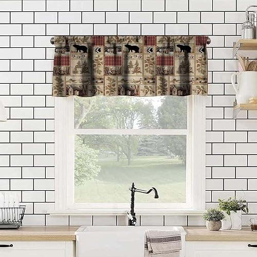 Miniatura 5 de Cenefas de cocina rústicas para ventanas, estilo retro, estilo campestre, alce, ciervo, pino, alce, bolsillo para barra, cortina para restaurante,