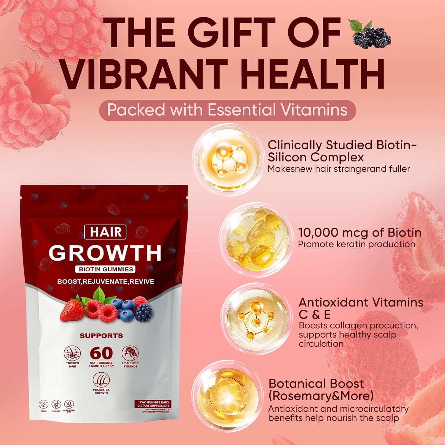 Hair Growth Gummies – with Biotin, Vitamin C & E, Rosemary, Saw Palmetto – Supports Healthy Hair Growth & Strength, Skin & Nail Care – Mixed Berry Flavor, 60 Gummies (1)