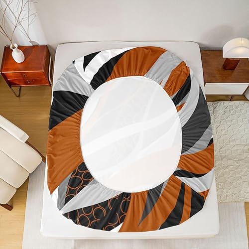 Miniatura 6 de Manfei Sábana bajera ajustable gris naranja tamaño matrimonial, funda de cama circular de rayas onduladas abstractas con 2 fundas de almohada, juego