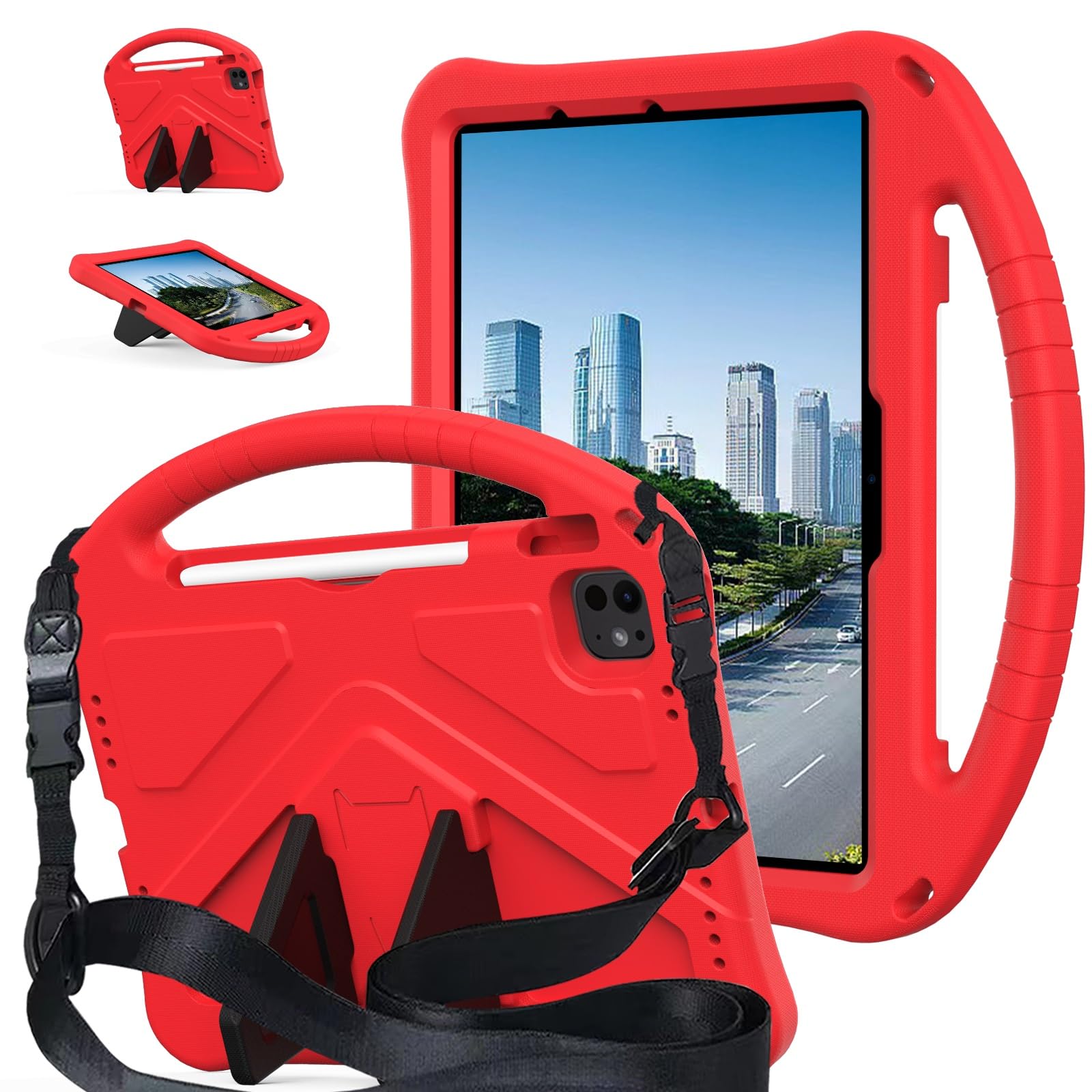 غطاء الجهاز اللوحي Lightweight Shockproof Kids Friendly Cover For iPad Air 11 Inch M2(2024)/Pro inch (2024) M4,with Handle Stand Thickned Cornor Impact Protection Tablet(RED)