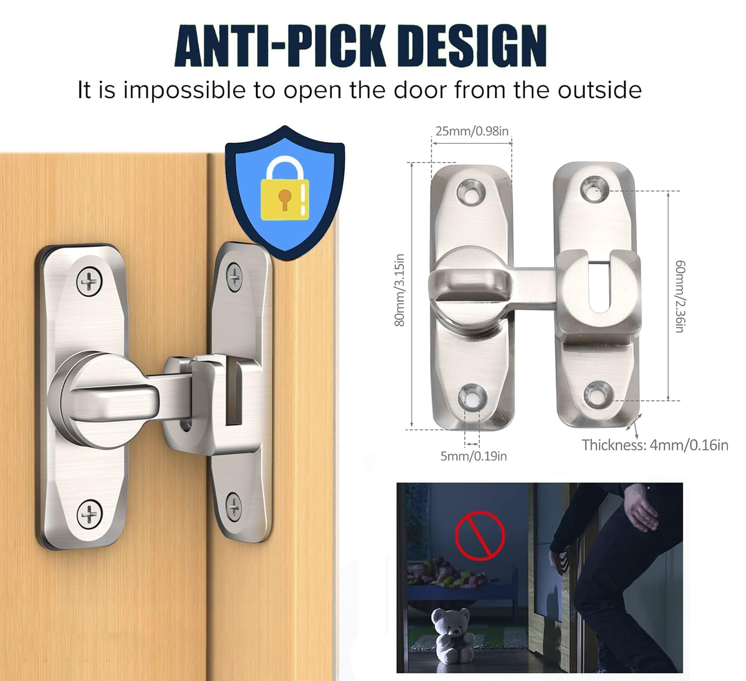 Chiavistello per porta scorrevole a 90/180 gradi, serratura per porta del fienile, serratura per porta scorrevole antiruggine, per armadi, bagno, argento