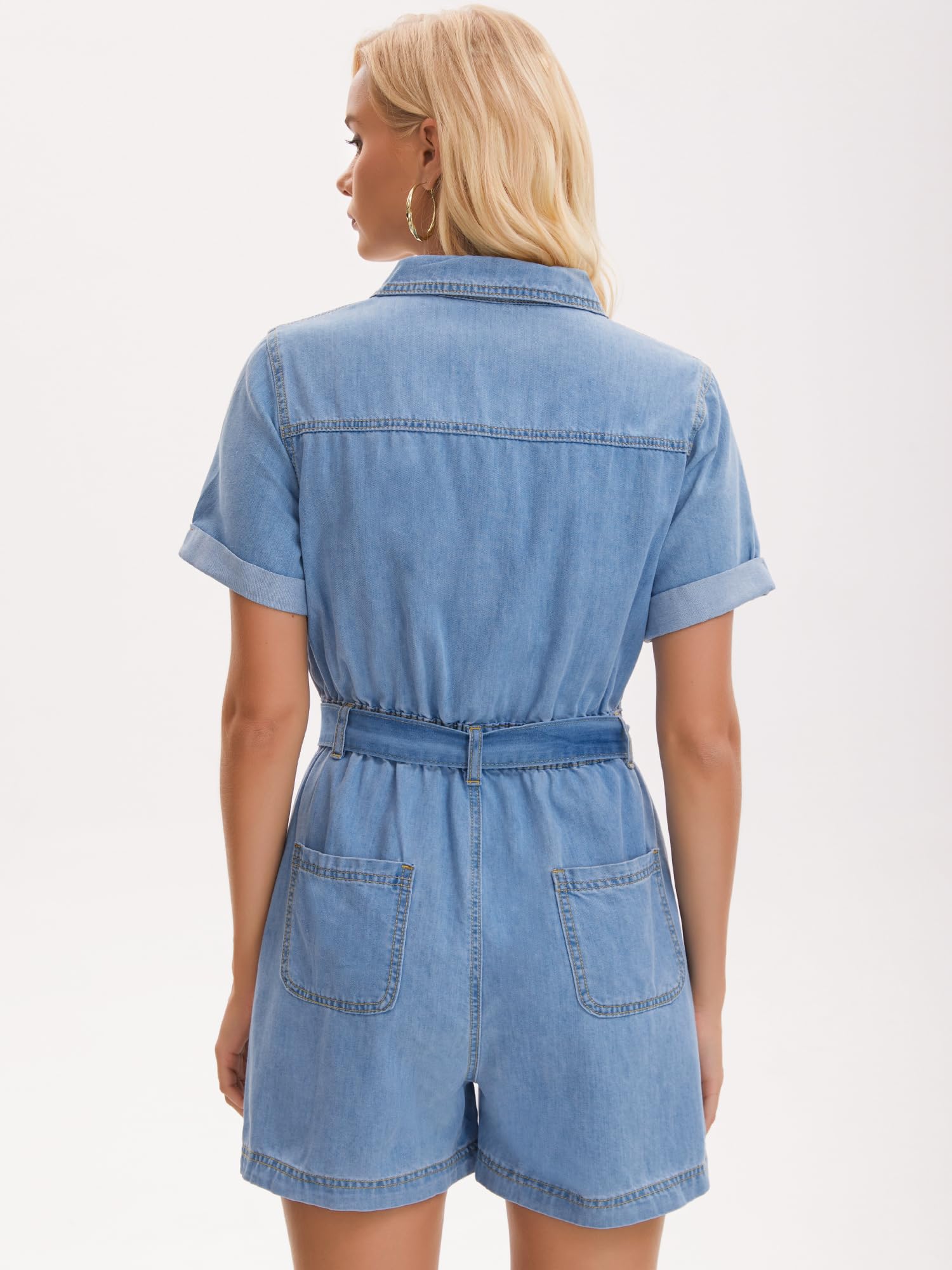 Donna Denim Romper Maniche Corte Vita Elastica Jumpsuit Shorts