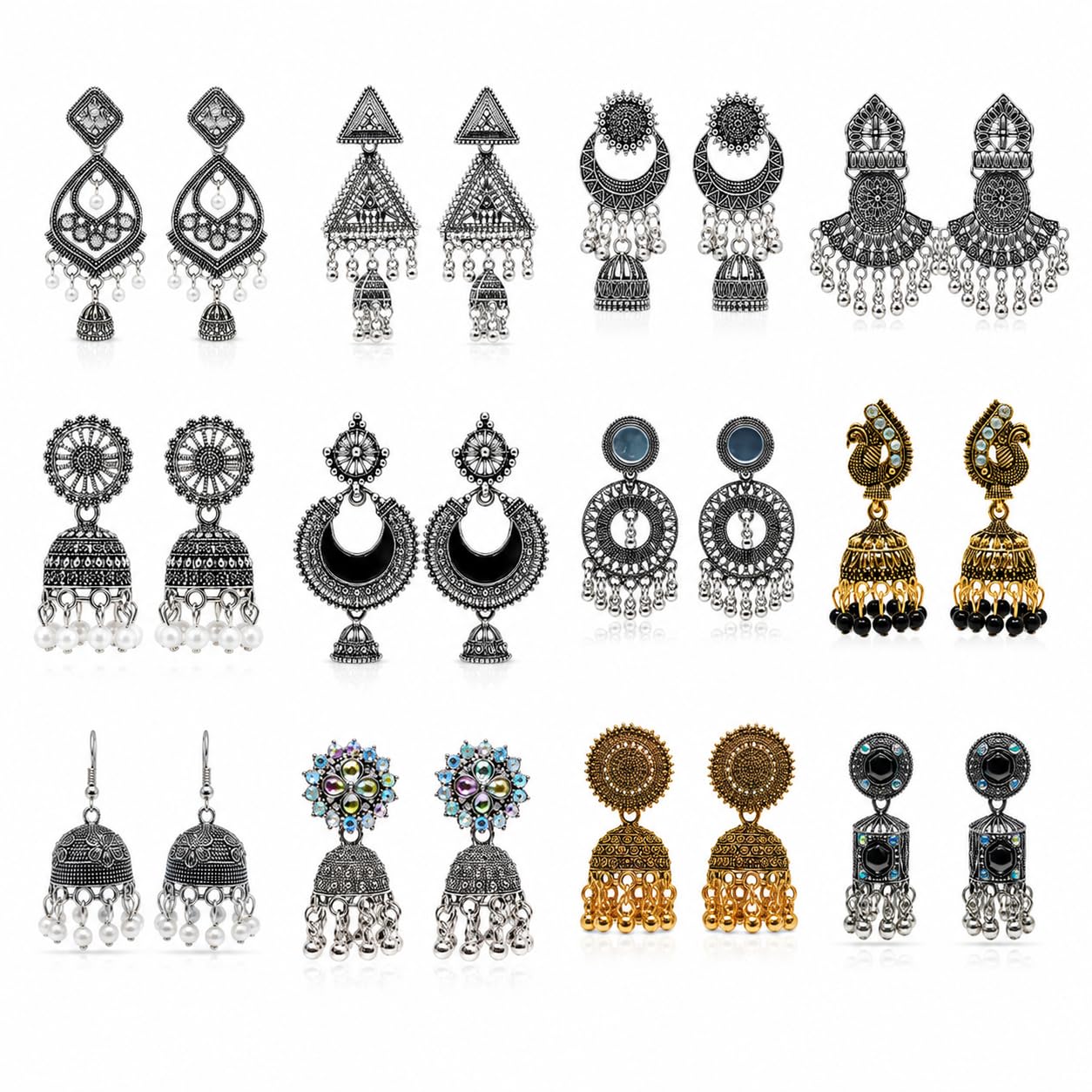 Combo Pack of 12 Designer Earrings for Women & Girls | Oxidised Silver, Antique Gold, Jhumki, Chandbali & Statement Earrings Set | Trendy Ethnic Jewellery for Party, Wedding & Daily Wear-image-30