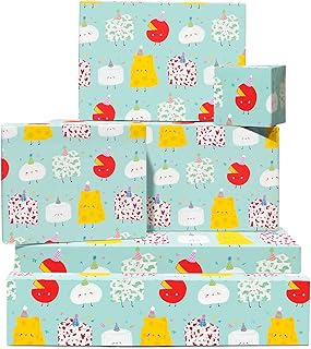 CENTRAL 23 Cheese Wrapping Paper - 6 Sheets of Aqua Gift Wrap with Cheese Characters and Party Hats - Birthday Christmas Wraps for Food Lovers, Kids, Adults Men Women - All Occasion Parties